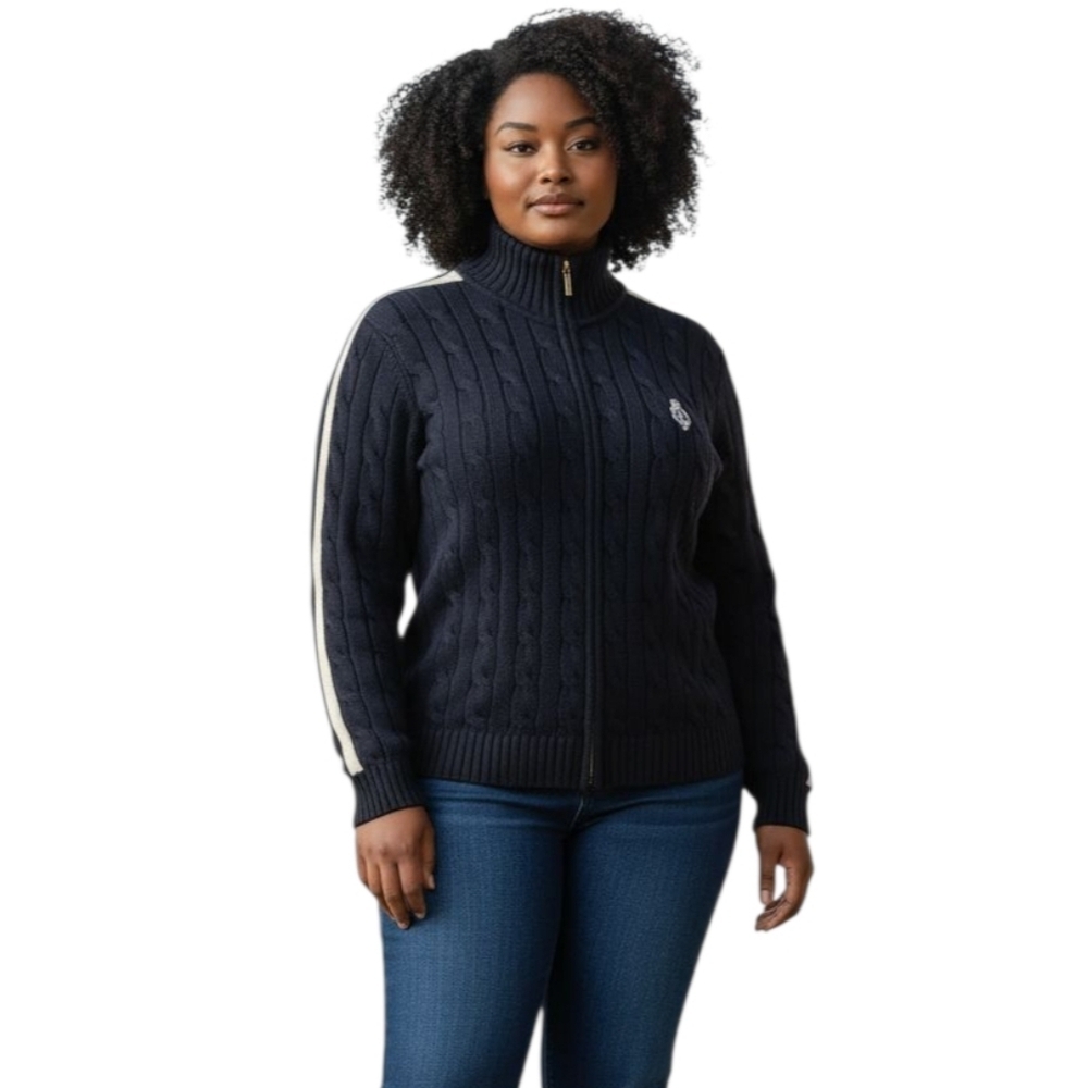Lauren Active Women's Navy Cable Knit RLL Logo Crest Zip Up Sweater Size Large